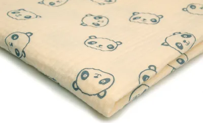 Produktbild von Baumwoll Musselin Stoff mit Aufdruck, Double Gauze, Pandas auf Ecru 50 x 130 cm