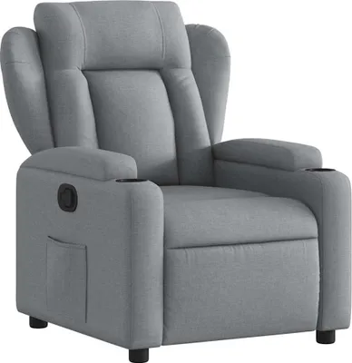 A light gray fabric recliner chair with cup holders and a side pocket, shown from a front-side angle against a white background.