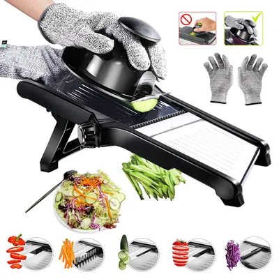 Produktbild von Gemüsehobel Edelstahl, Mandoline Gemüseschneider Verstellbar 3 in 1 Multifunktion Gurkenhobel mit Schutzhandschuhen, Reibe für Gemüse Spülmaschinengeeignet