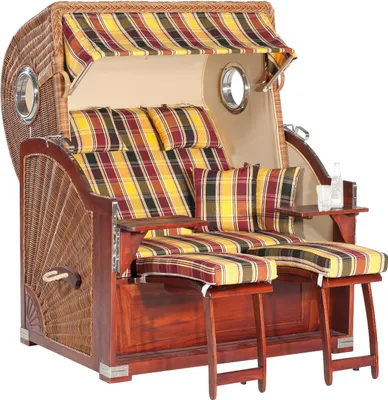 Produktbild von Rustikal Strandkorb 500 Plus Comfort 3/4-Liegemodell mit seitlichen Bullaugen, Geflecht natura-braun, Strukturpolyester rot-gelb-schwarz-gestreift, Mahagoniholz naturfarben lasiert, ca.140x95x160