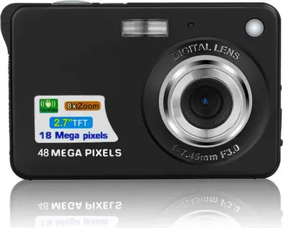 A black digital camera is shown against a white background, with a reflection below.