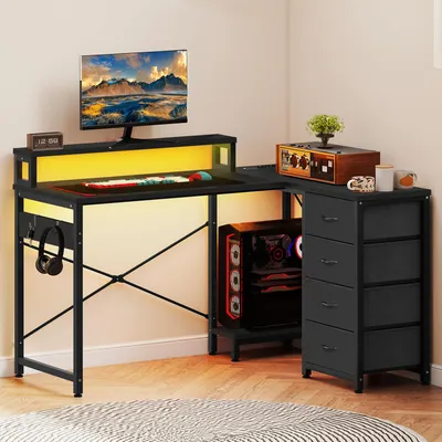 Produktbild von Multifunktionaler Eckschreibtisch mit 4-stufigem Ablagefach, 2 USB-Anschlüssen und Steckdosen, 130 x 100 x 75 cm
