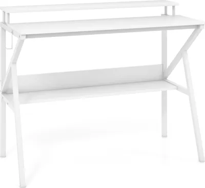 Immagine prodotto di Scrivania COSTWAY, scrivania per computer 100x50cm, scrivania per PC con supporto per monitor, ripiano, ganci e struttura in metallo, scrivania in legno per ufficio, tavolo da lavoro, bianco