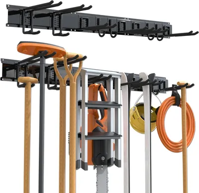 Imagen del producto de Soporte de pared para herramientas con 8 ganchos y 4 organizadores para cables, ideal para herramientas de jardín
