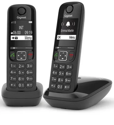 Produktbild von Gigaset AS690 DUO, Analoges/DECT-Telefon, Kabelloses Mobilteil, Freisprecheinrichtung, 100 Eintragungen, Anrufer-Identifikation, Schwarz