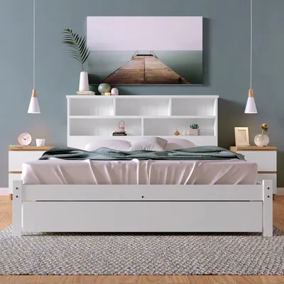 Immagine prodotto di Letto matrimoniale Okwish in legno massello con cassetti e rete a doghe, libreria per adolescenti e adulti, letto per bambini, 140x200 cm, bianco