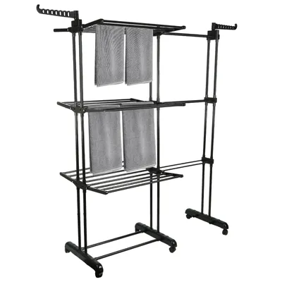 Produktbild von Wäscheständer 4 Ebenen Standtrockner mit Rollen Ausziehbar 75-142.5x64x170cm 2 Seitenflügel Schwarz
