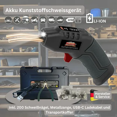 A workshop or garage setting with shelves in the background, displaying a plastic welding tool and its accessories.