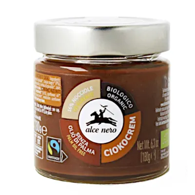 Produktbild von Alce Nero Ciokocrem - Haselnuss-Brotaufstrich aus biologischem Anbau 180 g, 180 g, Braun, Rohrzucker*, Sonnenblumenöl*, Haselnusspaste* (15%), Kakaopulver* (9)%, Magermilchpulver*,..., 507 kcal, 2119 kJ, 5,2 g