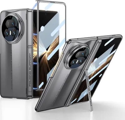 A gray foldable phone case with a built-in screen protector is shown from multiple angles.