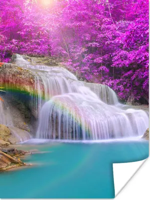 Produktbild von MuchoWow® Poster Wasserfall - Bäume - Regenbogen - Lila 120x160 cm - Wandbilder