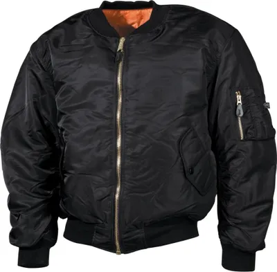 A black bomber jacket with an orange lining is shown against a white background.