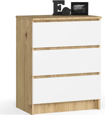 Image de Commode en chêne Artisan blanc avec 3 tiroirs spacieux, 60 cm de large, 77 cm de haut Organiseur Commode avec tiroirs en bois Highboard Sideboard Armoire