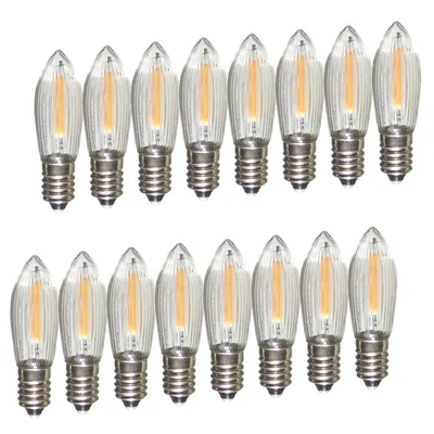 A collection of LED filament light bulbs arranged in two rows against a white background.