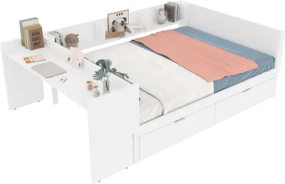 A white bed with an integrated desk and shelving unit.