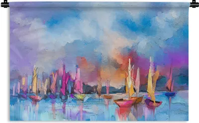 Produktbild von MuchoWow® Wandteppich Wandbehang Ölgemälde - Boot 90x60 cm Tapisserie Dekoration Wandtuch - Wandskulpturen - Bildteppich