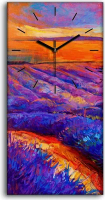 Produktbild von Wanduhr Bürouhr Leinwand Bild Geräuschlos 30x60 Sonnenuntergang Lavendelfelder - schwarze Hände