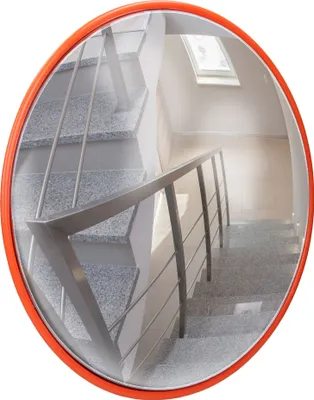 Produktbild von ECD Germany dopravní zrcadlo Ø 30 cm s otočným držákem, červené, nerozbitné, odolné proti povětrnostním vlivům, usnadňuje pohyb dovnitř a ven, bezpečnostní zrcadlo dohledové zrcadlo panoramatické zrcadlo vypouklé zrcadlo