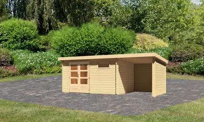 Produktbild von Gartenhaus Blockbohlenhaus Gerätehaus Bastrup 8 im Set mit Anbaudach 2 m breit, 28 mm Seiten - und Rückwand naturbelassen 569x297x220 cm