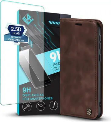 Produktbild von Handy Hülle für Samsung Galaxy S23 FE mit 9H Displayglas Klapphülle Bookcase Flip Cover Handy Tasche Etui Farbe: Dunkelbraun