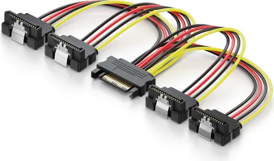 Produktbild von deleyCON 0,15m S-ATA Strom-Adapter Y-Adapter - 1x SATA Buchse zu 4x SATA Stecker gewinkelt - Internes HDD SSD SATA Strom-Kabel - bis zu 4 Geräte mit Strom versorgen - Y SATA-Stromkabel