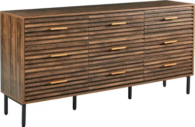 Produktbild von BELIANI Kommode Hellbraun MDF mit 9 Schubladen Metallbeine Holzoptik Lamellenoptik Moderner Stil Aufbewahrung Stauraum für Schlafzimmer