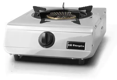 A single burner gas stove on a white background.