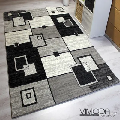 Produktbild von Moderner Designer Teppich Kariert, Retro Design in Grau - T5082, Maße:80 cm x 150 cm