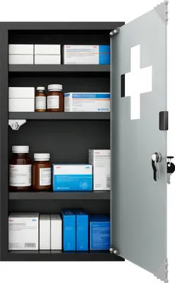 Image de Armoire à pharmacie verrouillable en acier inoxydable XINZI – Armoire à pharmacie avec porte vitrée et serrure, armoire de premiers secours, 4 compartiments, noir