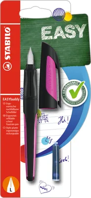 Produktbild von Schulfüller mit Linkshänder-Feder L - STABILO EASYbuddy in schwarz/magenta - Schreibfarbe blau (löschbar) - Einzelstift - inklusive Patrone