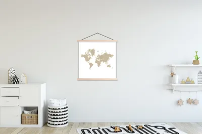 Produktbild von MuchoWow® Textilposter Weltkarte - Zeitung - Weiß 60x60 cm mit holzfarbenen Rahmen - Wanddekoration
