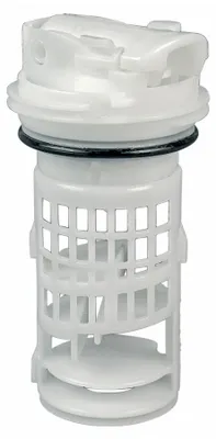 A white plastic washing machine drain pump filter.