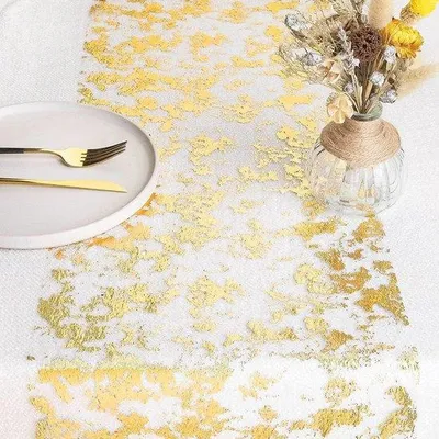 Produktbild von Unyqoos® Tischläufer Netz mit Goldfolie – 28 cm x 15 m, dekorativer Polyester-Läufer für Festdeko, Hochzeit, Geburtstag & Weihnachten