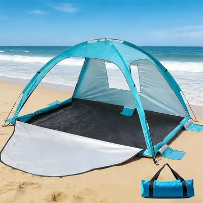 Produktbild von Strandmuschel 3-4 Personen, UV-Schutz 50+, 3 Reißverschlusstüren, Netzfenster, für Strand