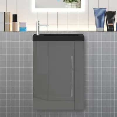 Produktbild von Badmöbel 45cm Schwarz Waschtisch mit Unterschrank Hochglanz Dunkelgrau Hängeschrank Badschrank Kleine Badezimmerschränke
