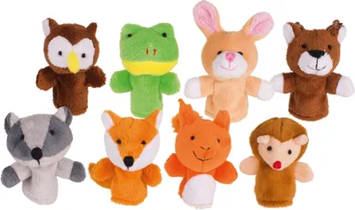 A collection of eight plush finger puppets of forest animals arranged in two rows against a white background.