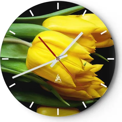 Produktbild von Wanduhr - Rund - Glasuhr - Tulpen Strauß Spiegelreflexion grün - 30x30cm - Schleichendes Uhrwerk - Lautlos - zum Aufhängen bereit - Dekoration Modern - Wanddekoration aus Glas - C3AR30x30-0509