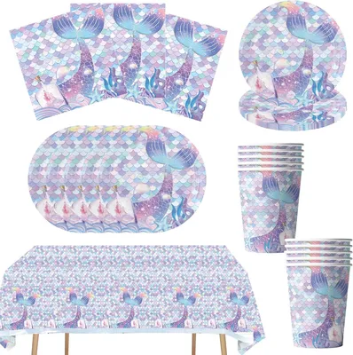 Imagen del producto de Conjunto de decoración para mesa con temática de sirena, para 10 invitados, incluye platos, vasos, servilletas y mantel, ideal para fiestas de cumpleaños infantiles