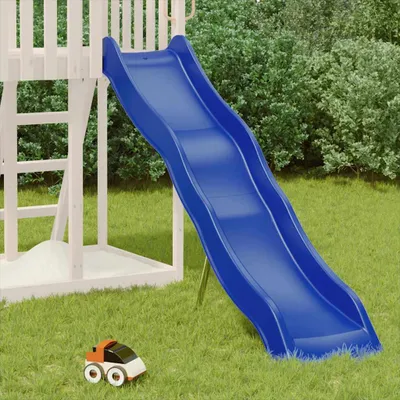A blue plastic slide attached to a wooden play structure, set up on a grassy lawn with a small toy car in the foreground.