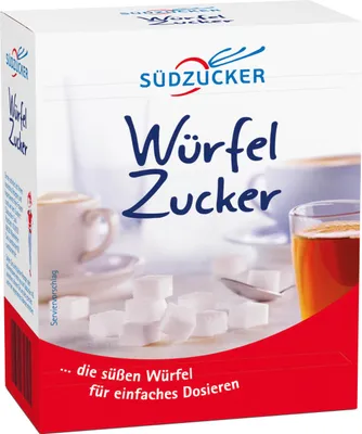 A box of Sudzucker cube sugar with a depiction of coffee cups and sugar cubes.