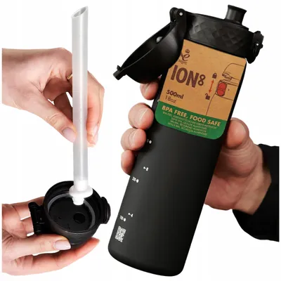 Produktbild von ION8 Trinkflasche mit Strohhalm für Kinder Schwarz 500ml