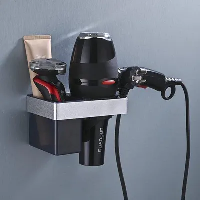 Obrázek produktu pro Stříbrný držák na fén z hliníku s držákem na kabel a odkládací plochou