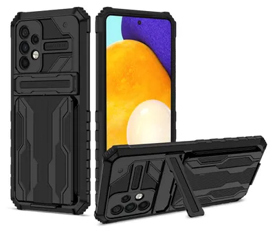 Three views of a black smartphone case, one showing the back with camera cutouts and card slot, another showing the front with a phone inside, and a third showing the case propped open with a kickstand.