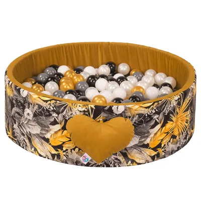Produktbild von H&F Heimtextilien Bällepool Mit Bällen | Bällepool Für Babys Kinder 98x30cm | Farbe: Gold mit Blumen | 200 Stück ∅ 7cm Gold Bälle für Bällebad