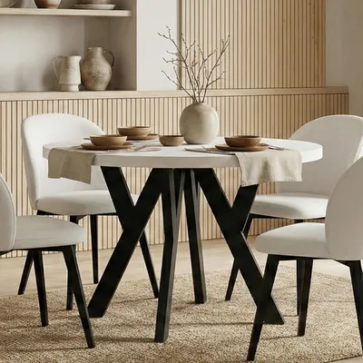 Produktbild von Runder Ausziehbarer Tisch für Esszimmer, PERO, Loft-Stil, Skandinavische, Durchmesser: 90 / 140 cm, Farbe: Weiß / Schwarz