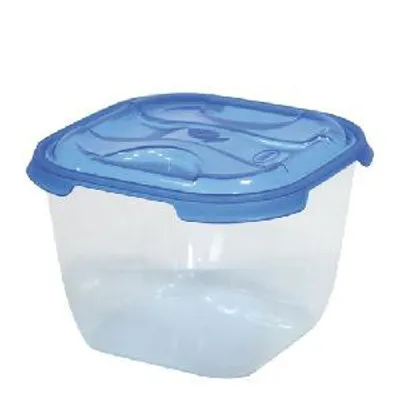 A clear plastic food storage container with a blue lid, shown on a white background.