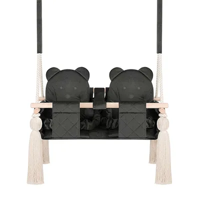 Image de Balançoire jumelle Guguplanet Gris foncé : Intérieur, structure en bois, siège en velours tricoté, harnais de sécurité, corde en coton, crochet de plafond inclus