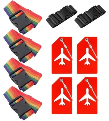 Produktbild von Koffergurt & Kofferanhänger Set, 4x Kofferband, 4x Gepäckanhänger, 2x Gepäckverbindungsgurt, Bunt