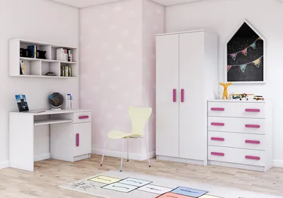 Produktbild von Kinderzimmer-Set Schrank Wandregal Kommode Schreibtisch Weiß/Weiß mit rosanen Griffen Jonas I 02