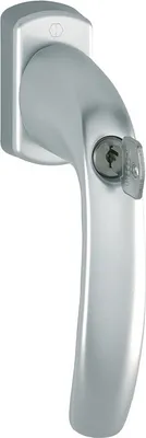 A silver window handle with a key lock.